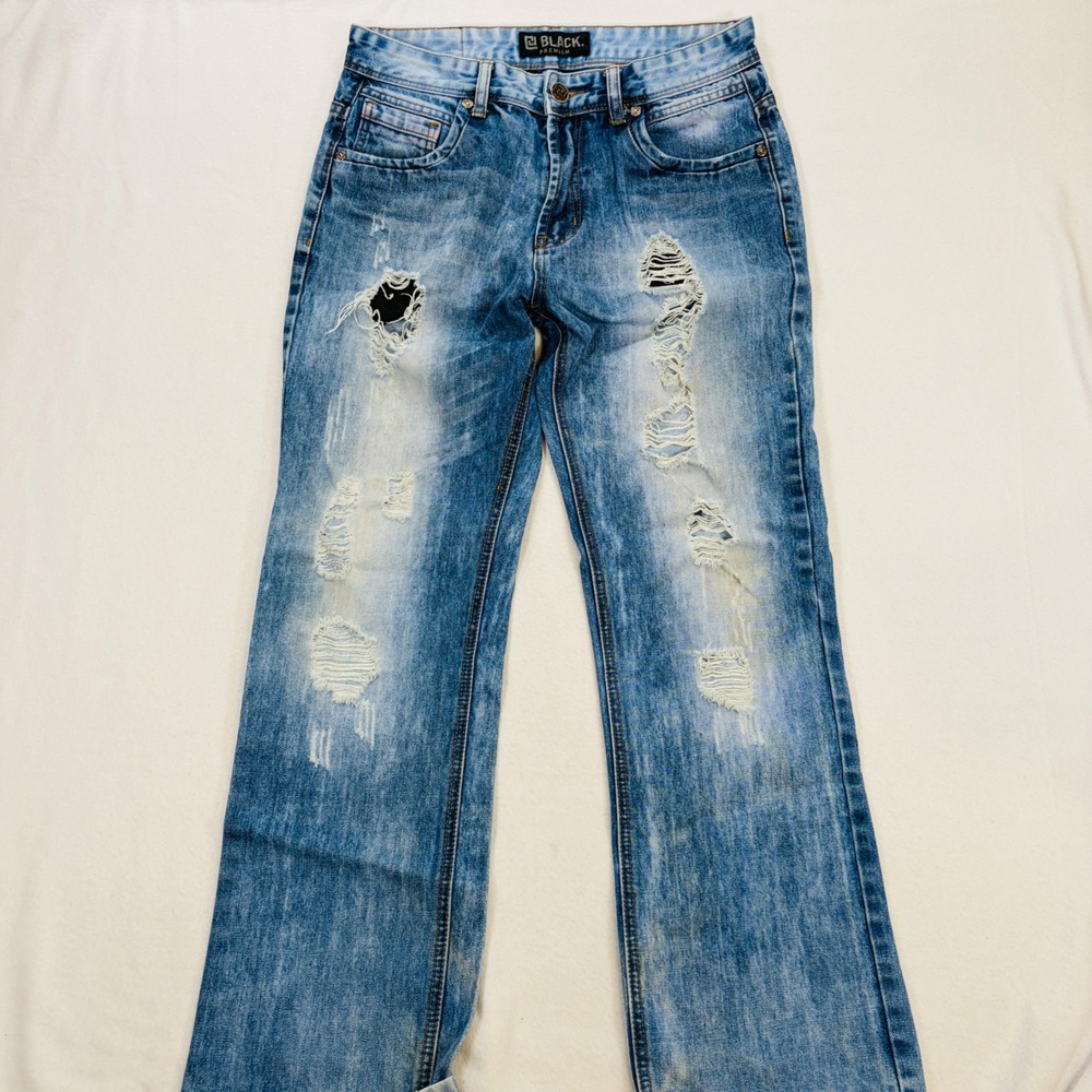 Black Premium Mens 30x30 Relaxed Straight Distressed Acid Wash Jeans Blue